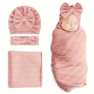 3 Piece Newborn Essentials Set: Swaddle Blankets, Hat, and Bow Headband