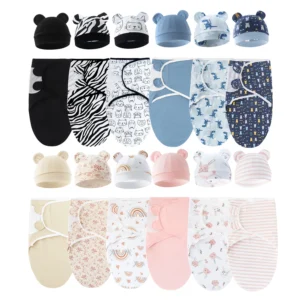 Set of 3 newborn swaddle blankets and baby hats